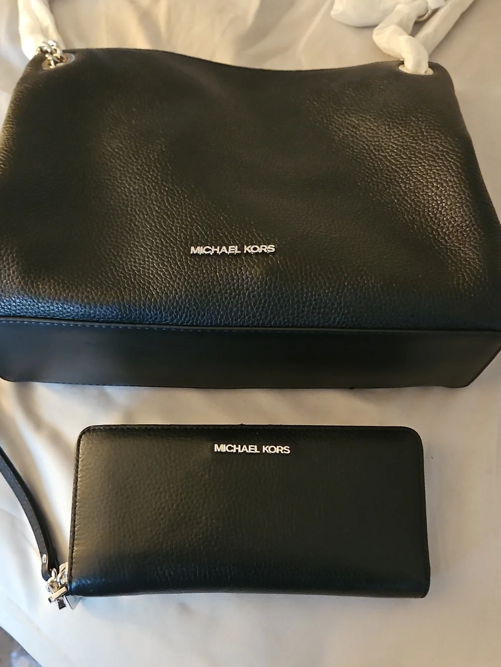 Michael Kors Black Leather Shoulder Bag and Large Wallet Set